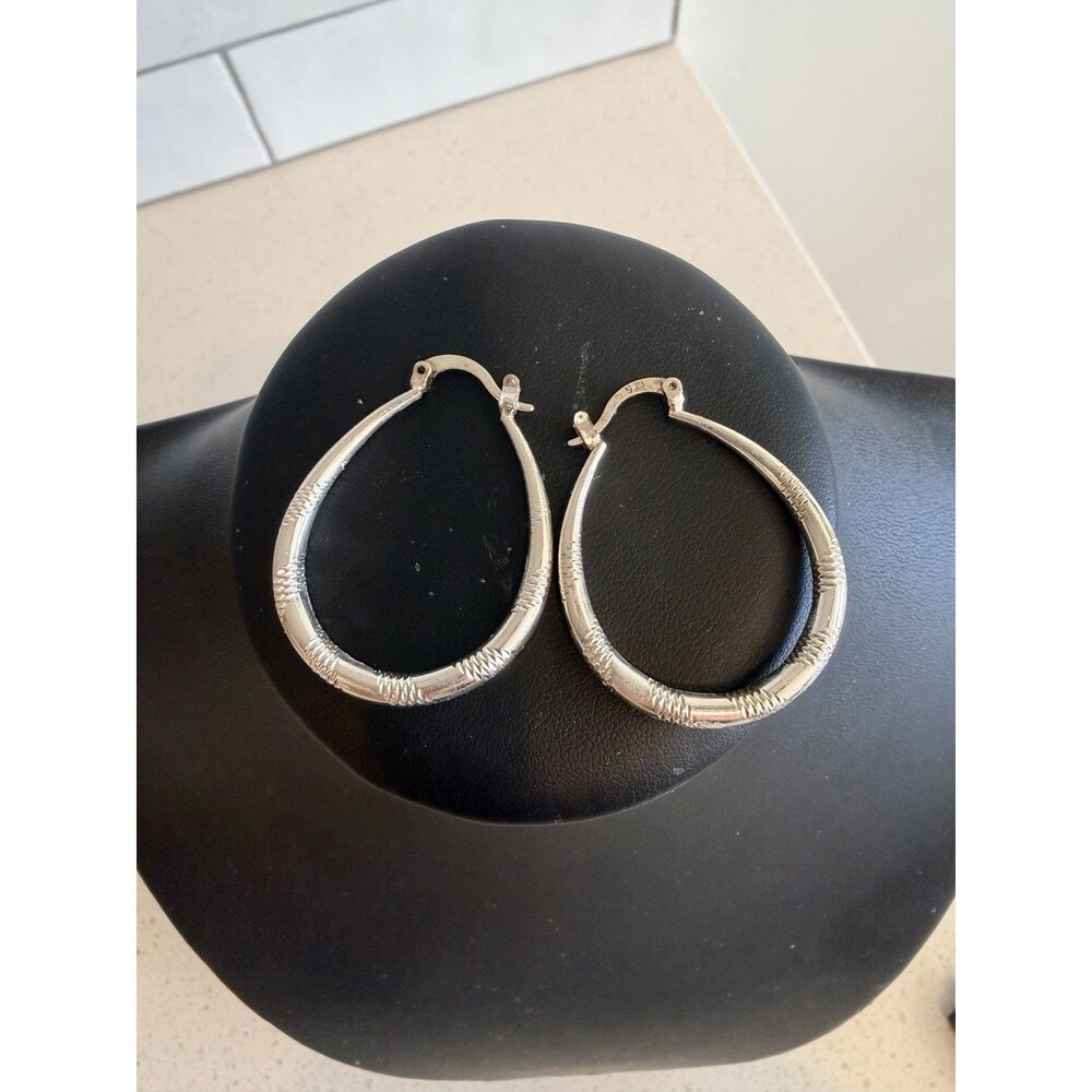 VTG LARGE OVAL HOOP DIAMOND CUT EARRINGS STERLING SILVER 925